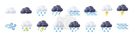 3d render weather icons set, clouds with lightnings and snow or rain. Wind or fog forecast elements for web design. Cartoon illustration in plastic minimal style, isolated objects on white background