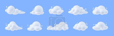 Nubes blancas y suaves en el cielo. Iconos meteorológicos nublados con nubes de cúmulo esponjosas simples, objetos de niebla atmosférica aislados sobre fondo azul, ilustración de renderizado 3d