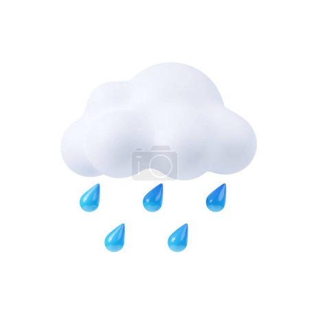Photo for Rain cloud with water drops. Weather icon of storm, summer downpour, autumn shower. White fluffy cumulus cloud with falling blue raindrops, 3d render illustration - Royalty Free Image
