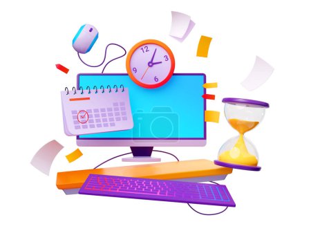 Téléchargez les photos : Concept de délai de travail. Illustration 3D de l'ordinateur de bureau, horloge, date marquée dans le calendrier avec coche rouge, sablier et papiers de note isolés sur fond blanc. Horaire chargé. Gestion du temps - en image libre de droit