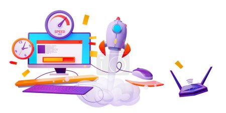 3D illustration of desktop computer with web page, speedometer and clock icons, rocket launch and wi-fi router isolated on white background. Website loading speed test. Internet traffic optimization