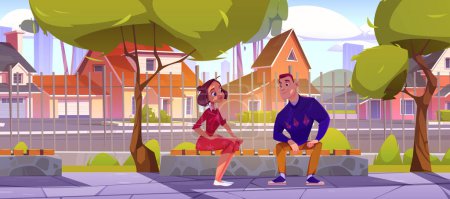 Illustration for Couple sitting on bench at countryside view. Young man and woman having conversation at roadside with green trees and cottage houses. Characters dating, spend time outdoors Cartoon vector illustration - Royalty Free Image