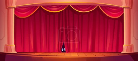 Eyes look out red curtains on theater stage. Funny human or animal character eyes hiding and looking from behind of wooden scene with drapery, column decor and wood floor, Cartoon vector Illustration