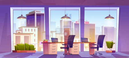 Illustration for Open space office workplace interior with tables, laptops, chairs, task board, plants front of wide floor-to-ceiling window with city view. Coworking for business people Cartoon vector illustration - Royalty Free Image