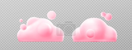 3d render pink clouds, fluffy spindrift or cumulus eddies. Flying weather and nature design elements balloons isolated on transparent background, illustration in cartoon plastic style, icons set