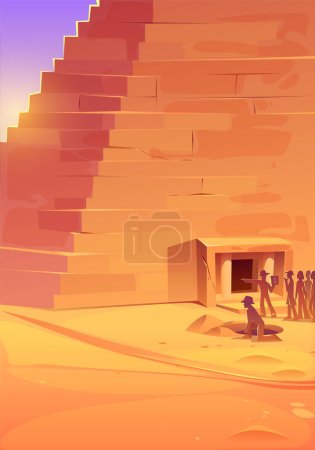 Illustration for Egypt pyramid in desert and people group silhouettes at doorway. Egyptian architecture and tourists or archeologists characters discover ancient civilization in Sahara, Cartoon vector illustration - Royalty Free Image