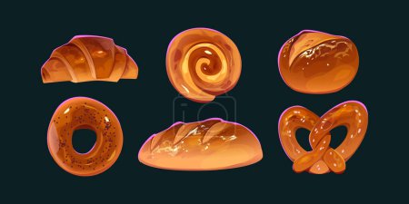 Illustration for Bakery food icons, bread loaf, baguette, croissant, bagel, bun and pretzel. Bakes set with fresh wheat bread, ciabatta and french batard, vector cartoon illustration - Royalty Free Image