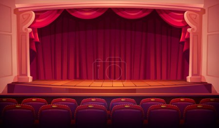 Illustration for Theater stage with red curtains, rows of theatre seats, columns, spotlights illumination on wooden floor. Classic scene for performance, opera, concert, dance or music show Cartoon vector illustration - Royalty Free Image