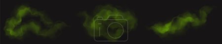Set of green smoke clouds isolated on black background. Realistic vector illustration of bad smell, chemical toxic gas, mist over magic poisonous potion, stinky steam. Realistic vector illustration