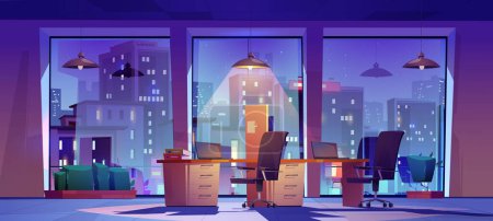 Illustration for Night office, open space workplace interior with city view in wide floor-to-ceiling windows, glowing lamp over the tables, laptops, chairs and task board. Coworking area Cartoon vector illustration - Royalty Free Image