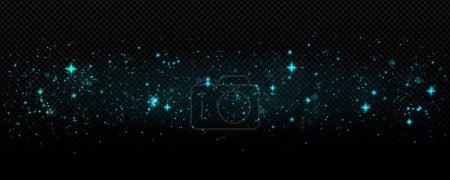 Illustration for Blue sparkles, glitter, stardust or twinkle with bokeh effect. Magic star blinks on black blurred background. Shiny glittering glow, festive design, night sky or space Realistic 3d vector illustration - Royalty Free Image