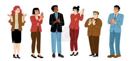 Business people clap hands, applaud. Diverse characters of team cheer for agreement, good job or success. Concept of applause, support, positive appreciation, vector hand drawn illustration