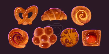 Illustration for Bread, bakery, fresh pastry isolated set. Croissant, bun, cinnabon and chocolate cookie with pretzel confectionery sweet dessert, baked food, patisserie production menu, Cartoon vector illustration - Royalty Free Image