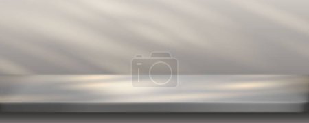 Illustration for Metal kitchen tabletop with sunlight, steel table or desk foreground front view. Silver countertop and wall with light spots falling on surface. Realistic vector background, 3d illustration, mock up - Royalty Free Image