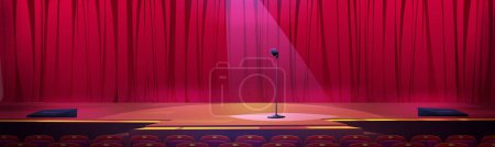 Illustration for Stage with red curtains and microphone under spotlight beam. Podium for talent show, stand up amusement or TV entertainment with mic, stairs, illumination and chairs, Cartoon vector illustration - Royalty Free Image