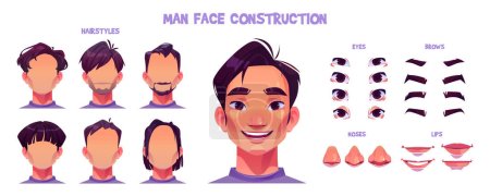 Hombre asiático cara construcción de dibujos animados conjunto aislado sobre fondo blanco. Ilustración vectorial de diferentes ojos de personaje masculino, nariz, boca, peinado para la creación de avatar. Elementos de diseño del juego