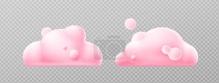 Ilustración de 3d renderizar nubes de color rosa, esponjoso spindrift o remolinos cúmulos. Elementos meteorológicos y de diseño de la naturaleza globos aislados sobre fondo transparente, ilustración en estilo plástico de dibujos animados, conjunto de iconos - Imagen libre de derechos