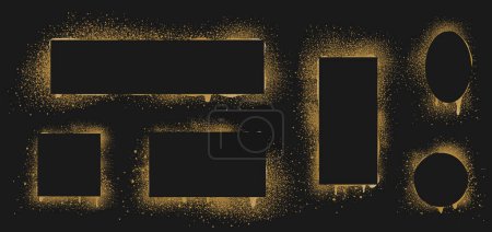 Illustration for Gold spray paint frames, graffiti stencil banners. Rectangular, oval and square borders isolated on black background. Airbrushing stenciling backdrop texture with brush splashes and drips, Vector set - Royalty Free Image
