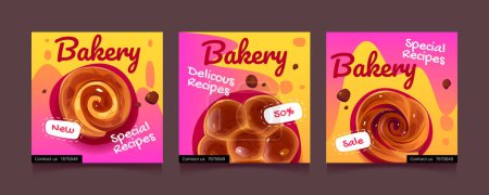 Illustration for Bakery food banners, social media post templates. Square posters with sweet swirl buns and bakes on pink and yellow background, vector cartoon illustration - Royalty Free Image