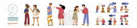 Illustration for Set of couples conflict, quarrel, angry people swear and argue. Male and female characters scandal, arguing. Homosexual and heterosexual pairs yell, spousal abuse, Line art flat vector illustration - Royalty Free Image