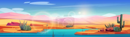 Heiße Wüstenlandschaft mit Oasen und Sanddünen. Naturpanorama der afrikanischen Wüste mit Fluss oder See, Pflanzen und Kakteen am Ufer, Vektor-Cartoon-Illustration