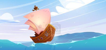 Holzschiff mit weißen Segeln im Meer mit Wellen. Ozeanlandschaft mit Segelboot, uralter Jacht, Piraten- oder Wikingerschiff bei stürmischem Wetter mit Wind, Vektor-Cartoon-Illustration