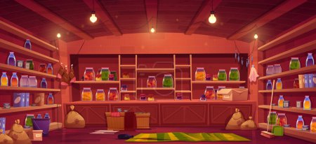 Illustration for Pantry in house cellar, storage room with food preserves in glass jars and bottles on shelves, crates with vegetables, sacks, broom and bucket. Basement larder interior, vector cartoon illustration - Royalty Free Image