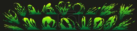 Illustration for Set of green toxic liquid, slime or paint splatters isolated on black background. Cartoon vector illustration of poisonous substance spilled over surface, sticky drips, jelly splash design elements - Royalty Free Image
