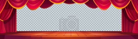 Theater- oder Kinoszene mit Vorhängen und Holzboden isoliert auf transparentem Hintergrund. Kinosaal mit Bühne, roten Samtvorhängen und leerem Hintergrund, Vektor-Cartoon-Illustration