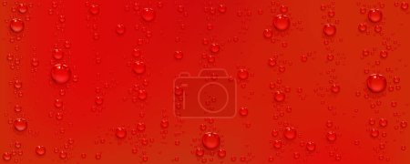 Water drops on red background. Realistic bubbles of soda drink or condensation abstract texture. Transparent aqua random droplets pattern on bright scarlet color surface 3d vector design, illustration