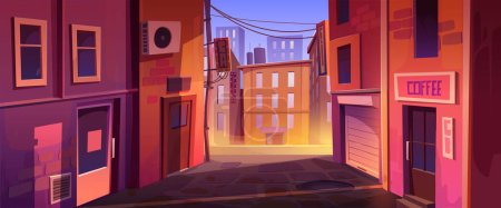 Illustration for Quiet city street corner, sunset or sunrise urban cityscape background with buildings back exit doors, windows, old walls and view on central illuminated road, Cartoon vector game or book illustration - Royalty Free Image