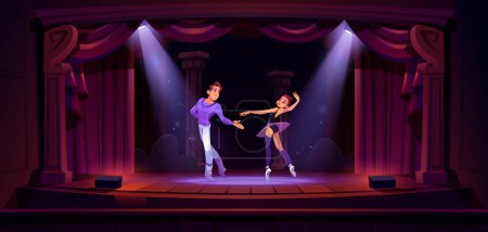 Illustration for Ballet dancers couple dance on theater stage with red curtains and spotlights. Ballerina in tutu performs with man wear artistic costumes on classic scene in light beams, Cartoon vector illustration - Royalty Free Image