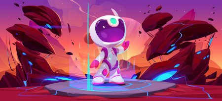 Kid astronaut standing on teleport portal at alien planet landscape with glow rocks. Space game colonization mission with cute cartoon cosmonaut Interstellar travel in far galaxy, Vector illustration