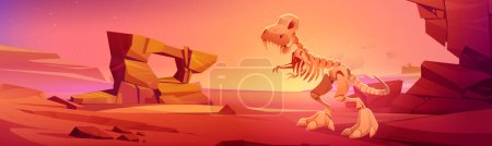 Téléchargez les illustrations : Squelette de dinosaure sur le paysage naturel avec des roches, sol rouge et ciel étoilé. Dessin animé pour musée paléontologique, exposition de l'époque préhistorique. Dino tyrannosaurus rex fossiles, Illustration vectorielle - en licence libre de droit