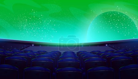 Illustration for Movie theater, dark cinema hall with wide screen and seats rear view. Empty interior with space galaxy and planet in green starry sky on screen, chair backs in darkness, Cartoon vector illustration - Royalty Free Image