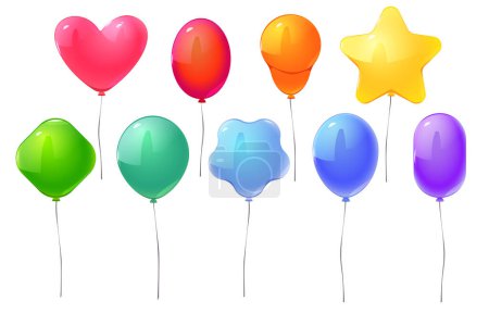 Luftballons für Geburtstagsfeier, Jubiläum, Hochzeitsfeier, Feiertag oder Faschingsdekoration. Fliegende regenbogenfarbene Luftballons verschiedene Formen mit Schnüren, Vektor-Cartoon-Set