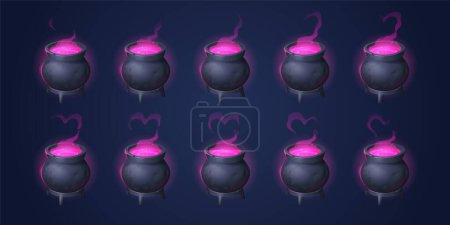 Cauldron with love potion motion sequence animation. Pink heart cloud of magic elixir appear from witch pot and then pass away. Ui design element for game, wizard poison isolated Cartoon vector set