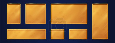 Illustration for Gold game signs, name plates, empty golden plaques mockup. Metal shiny tags or badges, square and rectangular nameplates, gamer ui menu or app graphic elements, isolated realistic 3d vector set - Royalty Free Image