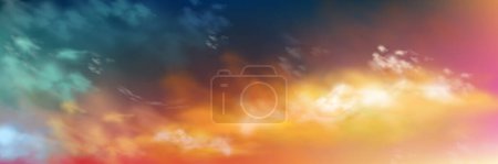 Sonnenuntergangshimmel mit realistischer Wolkenstruktur, Vektorillustration. Dramatische Dämmerungs- oder Sonnenaufgangswolken in orangen, blauen und grünen Farben, die vom Sonnenlicht beleuchtet werden. Schöne Natur. Abstrakter Hintergrund