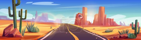 Broken road in desert landscape, straight empty highway with cracked asphalt and rickety sign. Long way along sand dunes and rock perspective view with light flares effect, Cartoon vector background