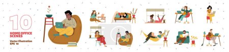 Illustration for Set freelancers work at home office, relaxed characters working remotely on laptops at comfortable domestic environment. Outsourced freelance self-employed employees Line art flat vector illustration - Royalty Free Image