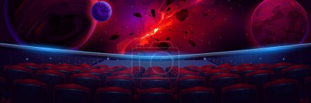 Illustration for Movie theater hall with three-sided panoramic screen and audience seats. Cinema auditorium or planetarium with 3d video of galaxy, planets and stars in outer space, vector cartoon illustration - Royalty Free Image
