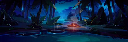 Ilustración de Camping con hoguera en la selva por la noche. Bosque lluvioso oscuro paisaje con lago o río, árboles, camino y hoguera ardiente en la orilla, ilustración de dibujos animados vectoriales - Imagen libre de derechos