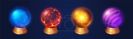 Crystal globes, witch or sorcerer magic spheres. Transparent glass domes on gold stands with blue fog, red magma with cracks, golden star and purple swirl inside, vector realistic set