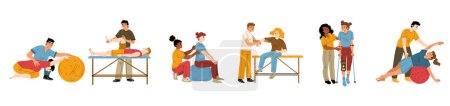 Illustration for Therapists helping patients during rehabilitation, flat vector illustration set. Doctor doing fitness exercises with people recovering after injury or training persons with physical disabilities - Royalty Free Image