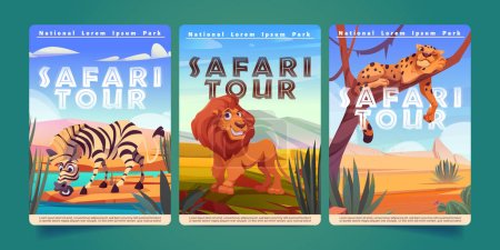 Téléchargez les illustrations : Affiches Safari tournée avec zèbre, lion et guépard dans la savane. Bannières de parc naturel avec paysage de savane avec des animaux africains sauvages mignons, illustration vectorielle de dessin animé - en licence libre de droit