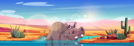 Illustration for Funny cartoon hippo lying in water. Vector illustration of hippopotamus swimming in lake under blazing sun shining in blue sky, hot sandy desert background. Happy animal in natural habitat. Zoo banner - Royalty Free Image