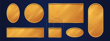 Goldene Spielschilder, Namensschilder, leere goldene Plaketten-Attrappen. Metallglänzende Schilder oder Abzeichen, runde, ovale und rechteckige Namensschilder, Gamer-Menü oder App-Grafiken, isoliertes realistisches 3D-Vektorset