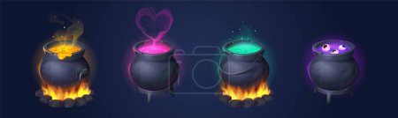 Black cauldrons with boiling magic potions, poison and love elixir. Old witch cooking boilers on fire with scary potion with eyeballs and bubbles, vector cartoon set isolated on background