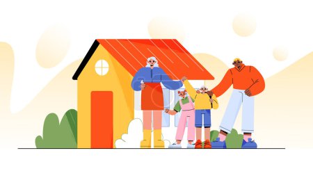 Illustration for Family with children stand front of house facade. Happy couple with kids buying real estate property. Parents characters with son and daughter move to new home, mortgage, Linear vector illustration - Royalty Free Image